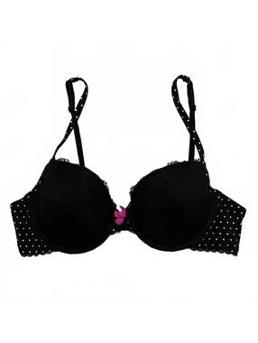 Y2K La Senza Black White Polka Dot Laced Bra With Pink Bow Sz 36B Scene Goth